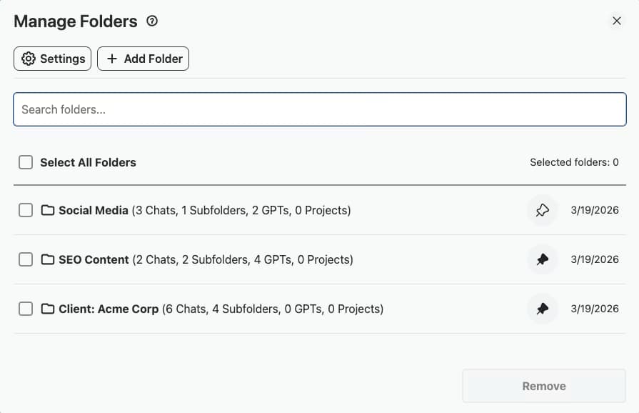 Manage Folders panel in ChatGPT listing a Client: Acme Corp folder with six chats and four subfolders alongside two workstream folders