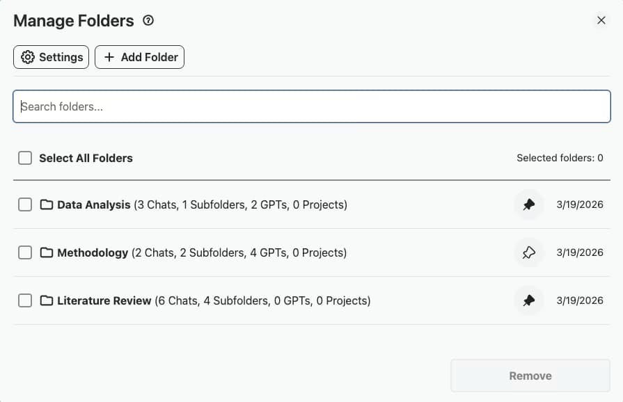 Manage Folders panel in ChatGPT listing Data Analysis, Methodology and Literature Review folders with chat, subfolder and GPT counts