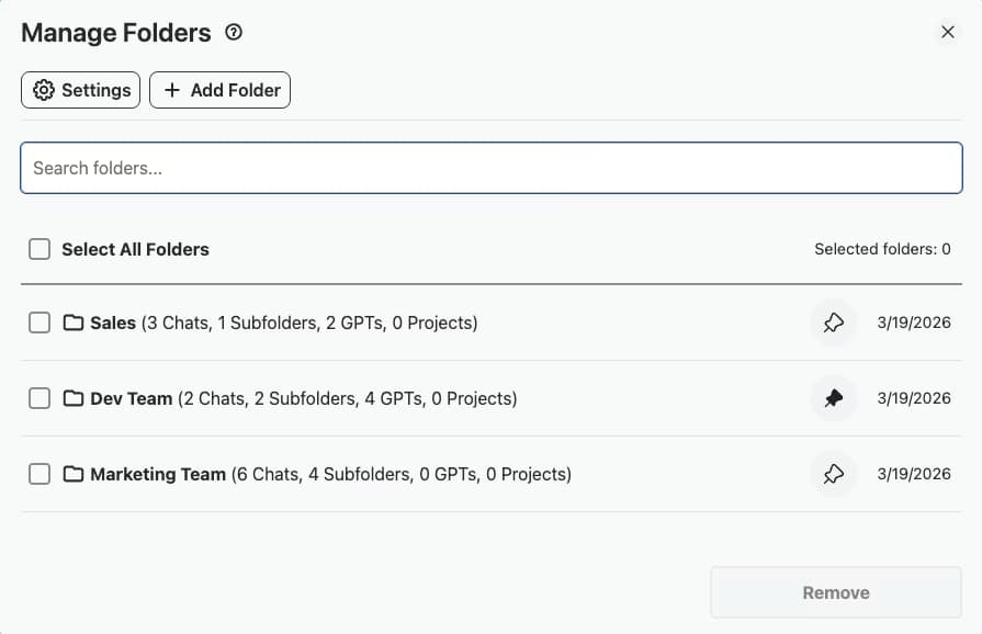 Manage Folders panel in ChatGPT listing Sales, Dev Team and Marketing Team folders with chat, subfolder and GPT counts