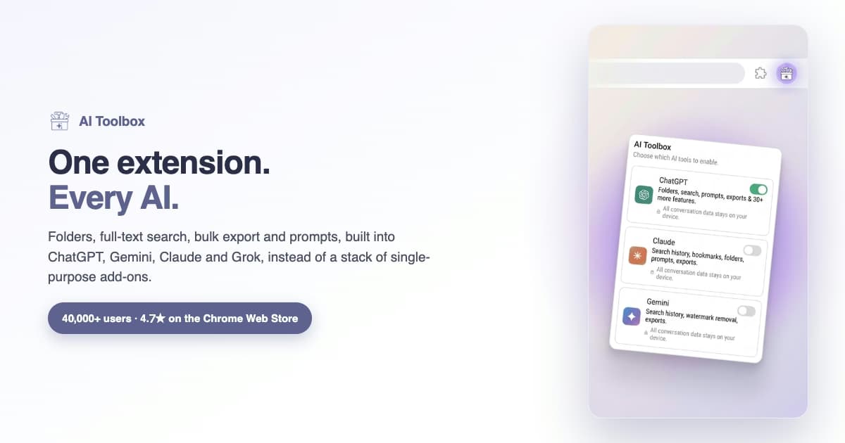 AI Toolbox all-in-one: one extension adding folders, search, export and prompts across ChatGPT, Gemini, Claude and Grok