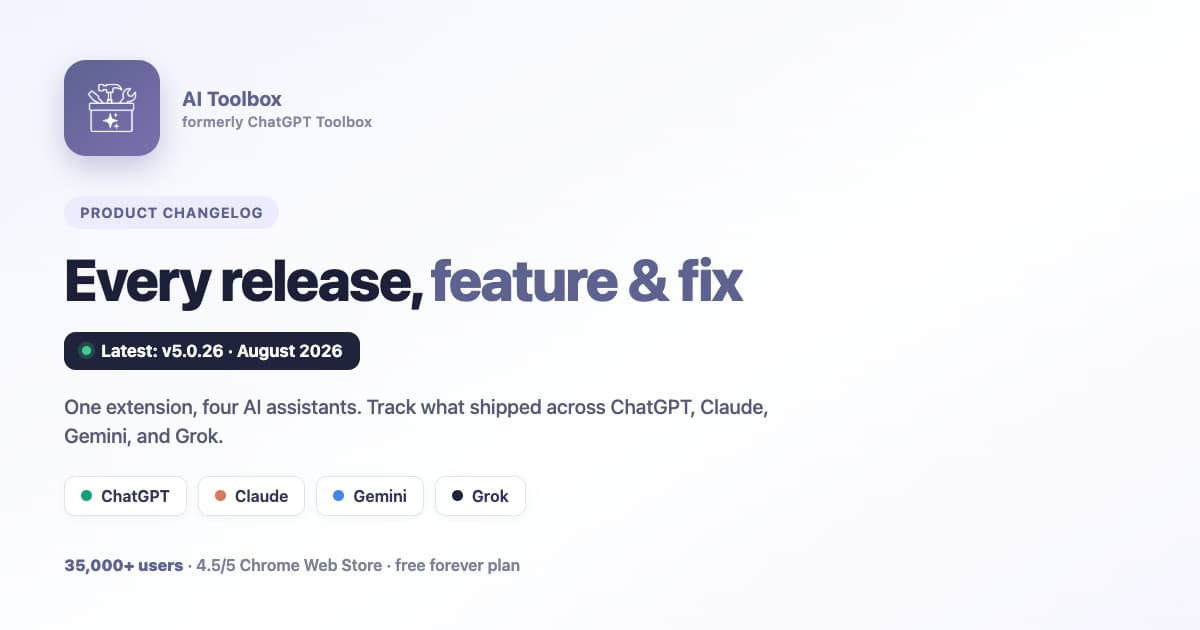 AI Toolbox changelog cover showing the product icon, the latest version v5.0.26, and the four supported assistants: ChatGPT, Claude, Gemini, and Grok