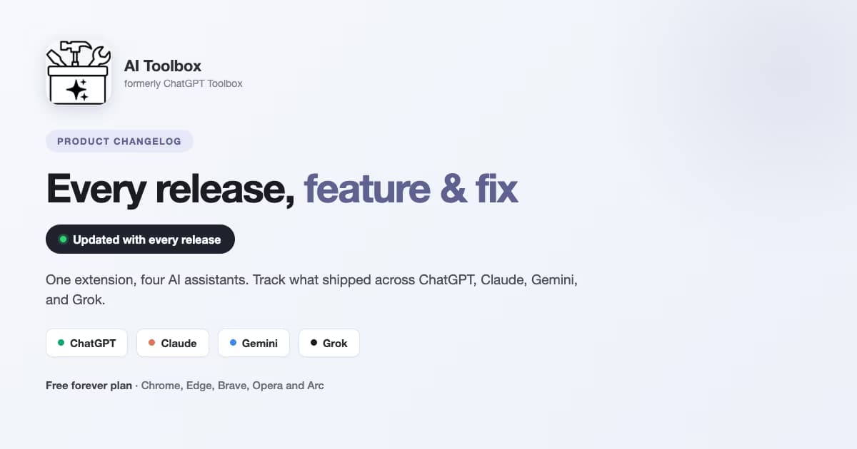 AI Toolbox changelog cover showing the product icon, the latest version v5.0.26, and the four supported assistants: ChatGPT, Claude, Gemini, and Grok
