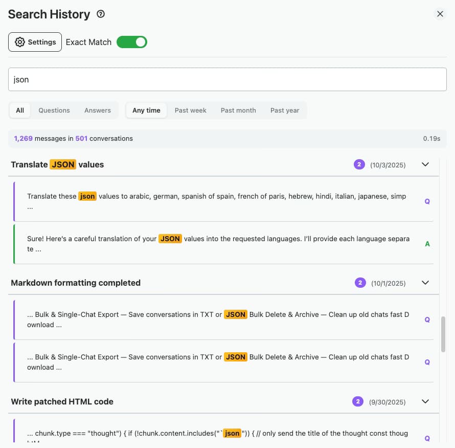 Exact Match search for json across a ChatGPT history: 1,269 messages in 501 conversations, with the term highlighted in titles and message snippets