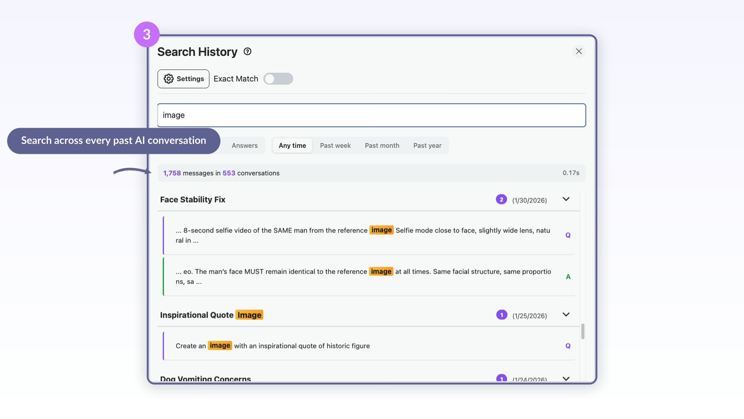AI Toolbox Search History panel over ChatGPT with an exact-match toggle, highlighted content matches, date-range chips, and a live count of messages across hundreds of conversations
