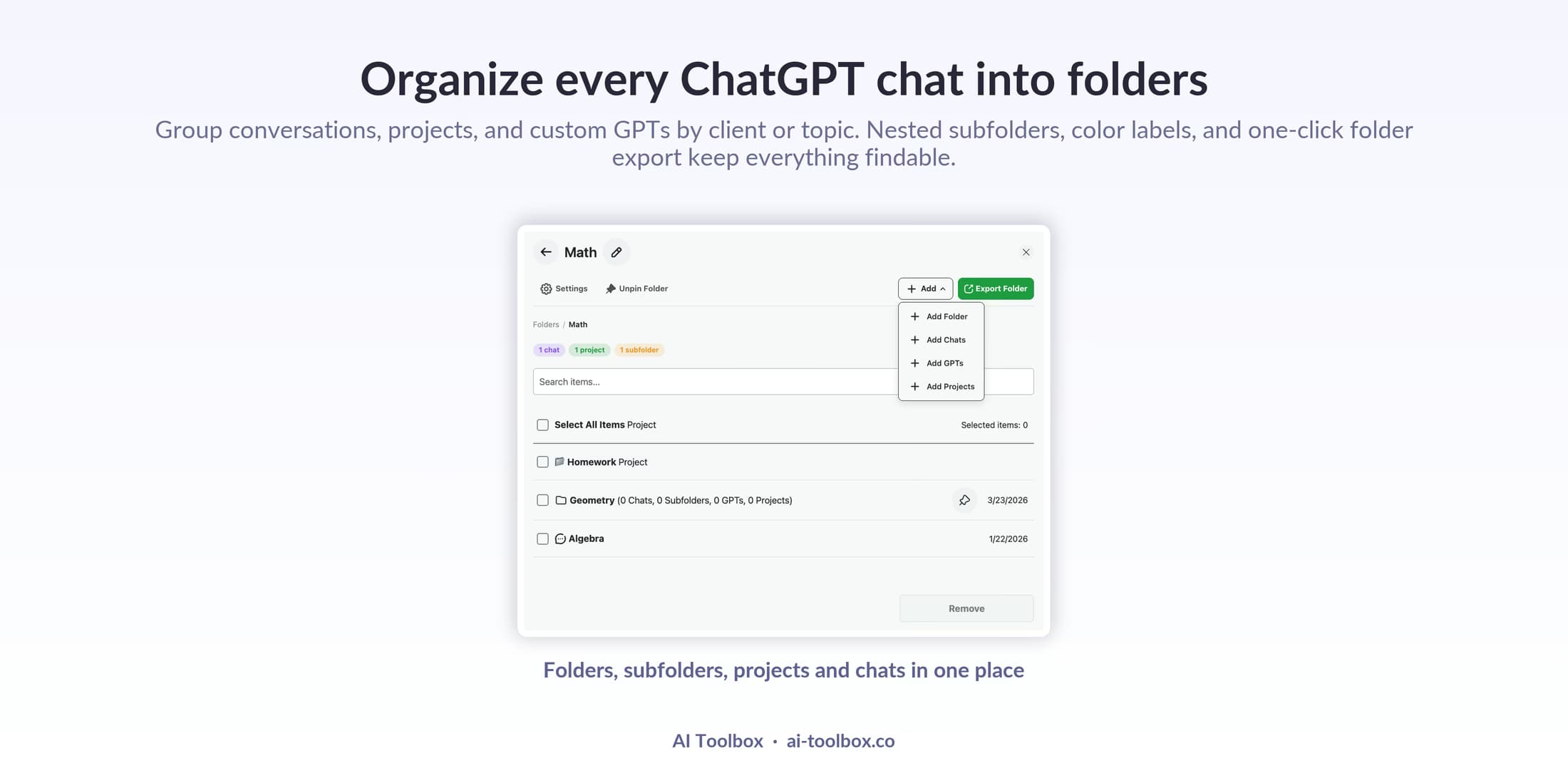 AI Toolbox Manage Folder view for organizing every ChatGPT chat into folders, with an Add menu for folders, chats, GPTs, and projects and an Export Folder button