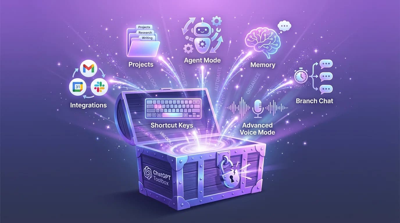 Unlocked treasure chest revealing ChatGPT hidden features with glowing icons for Agent Mode, Projects, Memory, and keyboard shortcuts