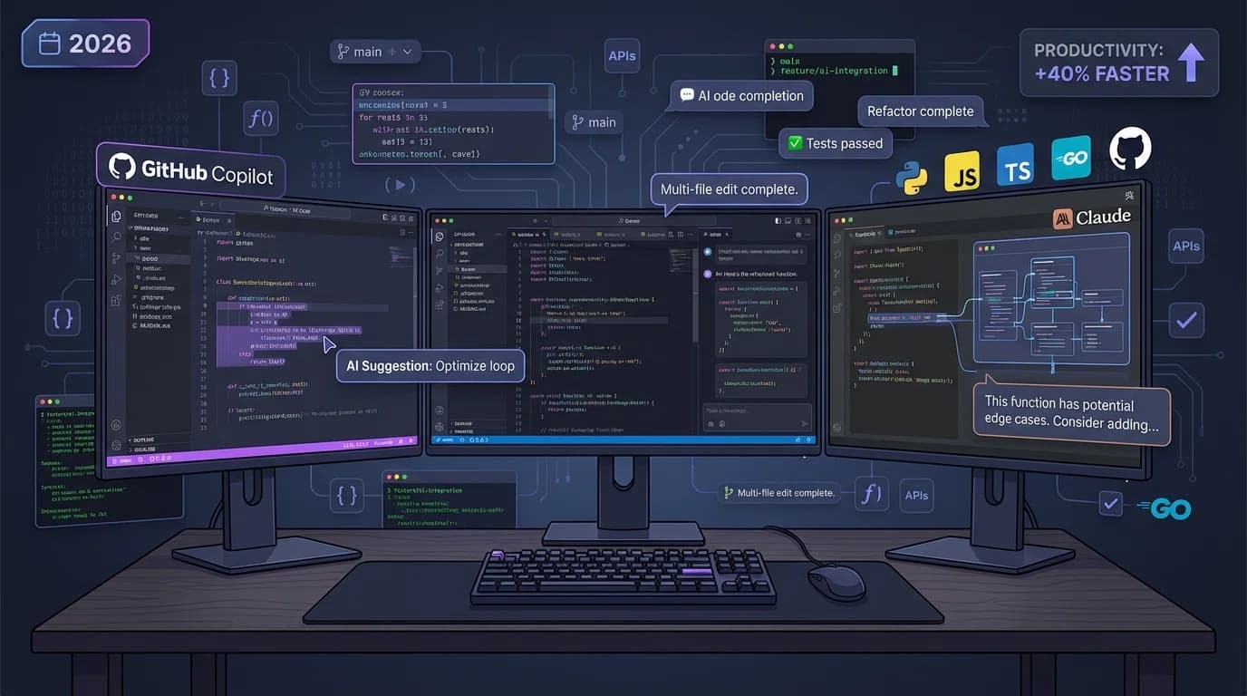 Developer workspace showing multiple AI coding assistants including GitHub Copilot, Cursor, Claude with code editor interfaces and productivity metrics