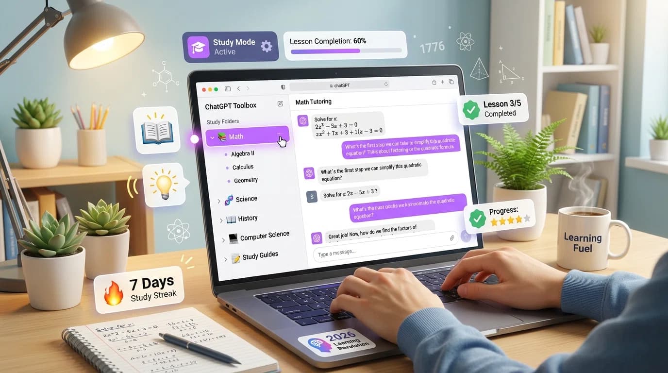 Student learning with ChatGPT Study Mode on laptop, showing interactive tutoring session with step-by-step problem solving and organized study folders in ChatGPT Toolbox