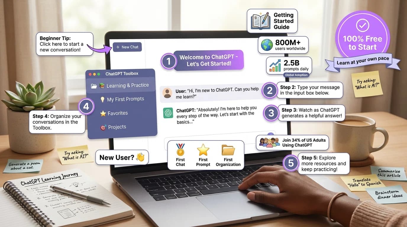 Beginner-friendly illustration showing laptop with ChatGPT interface open, welcoming 'Getting Started' screen, step-by-step tutorial icons, and ChatGPT Toolbox sidebar for organization. Clean, educational design with beginner learning ChatGPT basics.