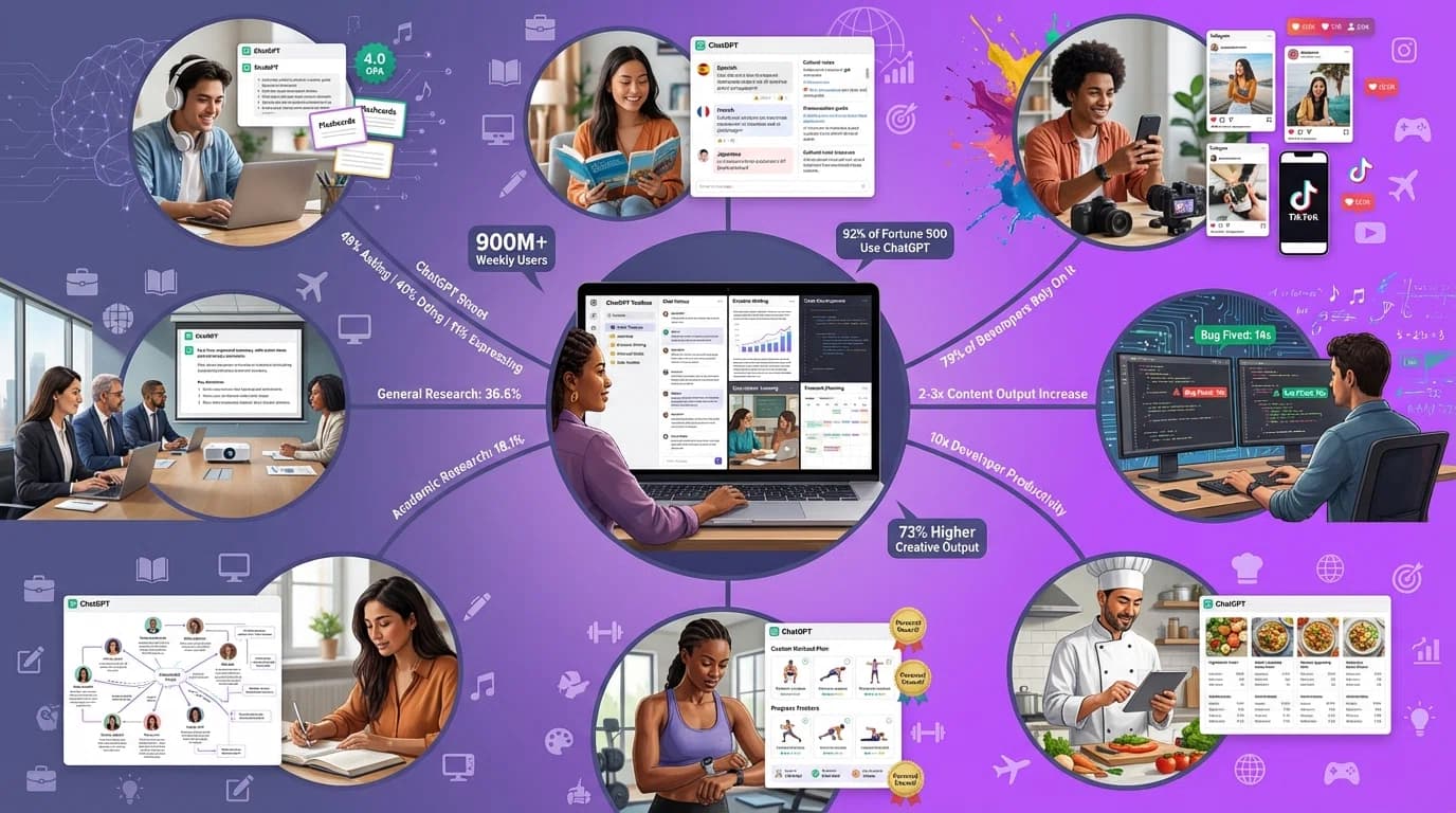 Creative collage showing diverse ChatGPT use cases: professional at laptop brainstorming with AI, student learning with ChatGPT, person using phone for creative writing, organized workspace with multiple ChatGPT projects in folders. Vibrant, dynamic illustration showcasing versatility of AI applications.