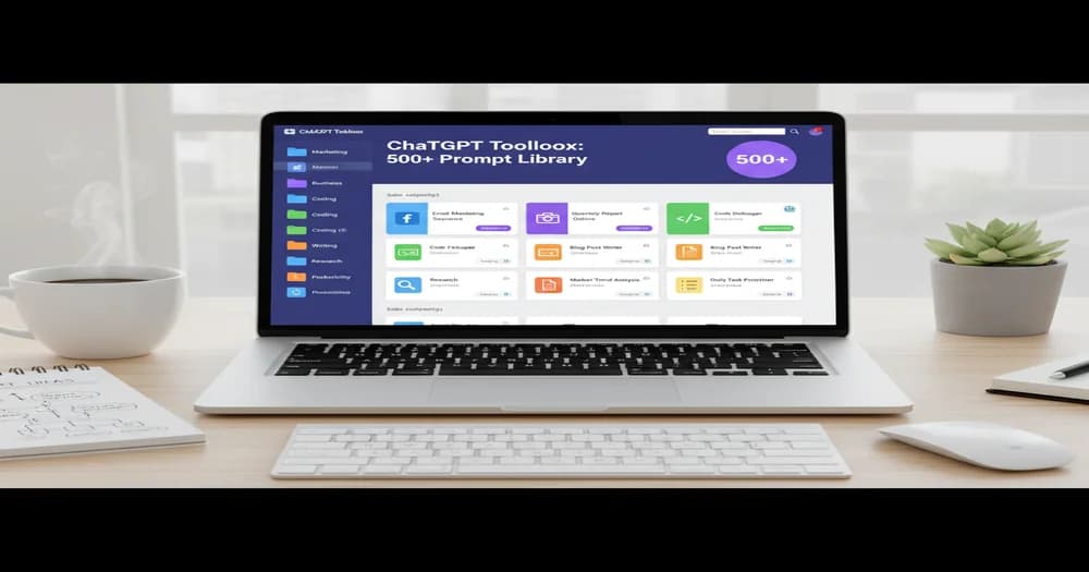 Modern workspace showing organized ChatGPT prompt library with 500+ templates categorized by marketing, business, coding, writing, research, and productivity with ChatGPT Toolbox interface