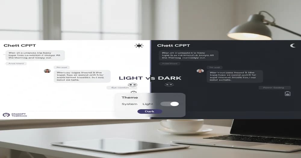 Split-screen comparison showing ChatGPT interface in light mode on left and dark mode on right, with settings panel displaying theme toggle switch highlighted. Modern desktop setup with clean UI showing theme customization options.