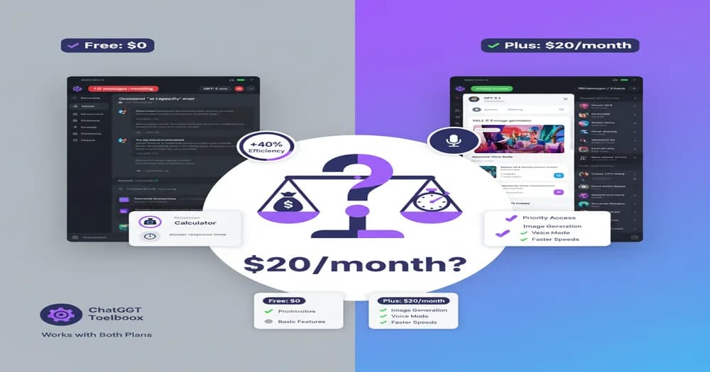 Side-by-side comparison of ChatGPT Plus and Free versions showing feature differences, pricing tiers, usage limits, speed indicators, and ROI calculator with professional pricing table and decision flowchart