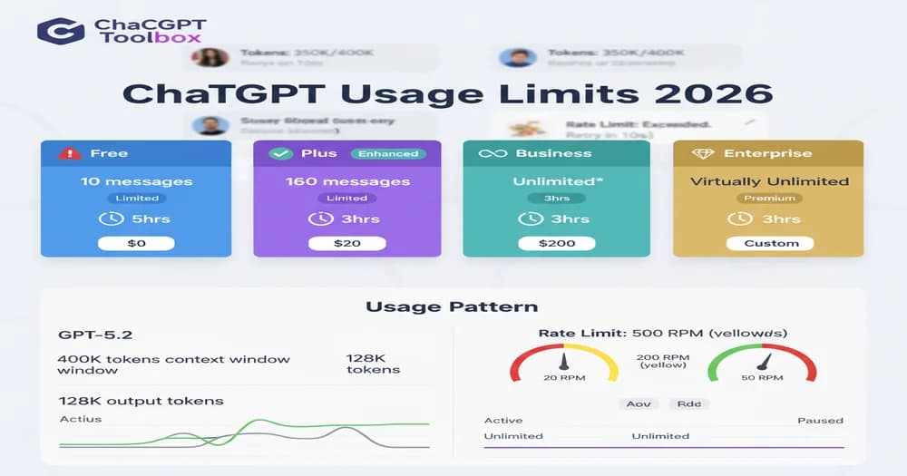 Professional comparison chart showing ChatGPT usage limits across Free, Plus, Team, and Enterprise plans with message counts, token limits, and rate restrictions visualized with status indicators