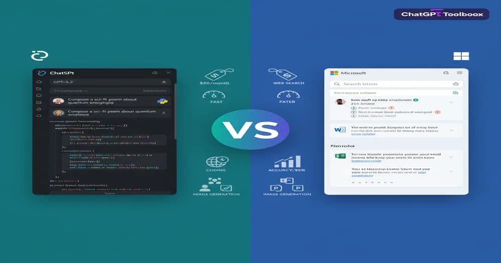 Split-screen comparison of ChatGPT and Microsoft Copilot interfaces with feature icons, performance metrics, and side-by-side analysis charts