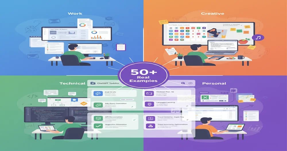 Diverse collection of ChatGPT use cases showing professional work scenarios, creative projects, technical coding, and personal productivity examples with organized folder structure in ChatGPT Toolbox
