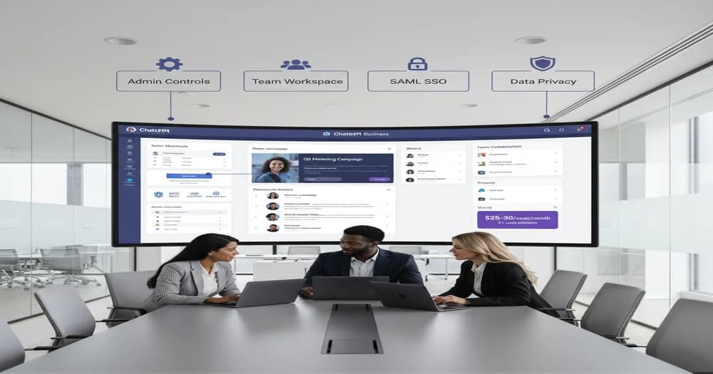 Modern office workspace with team members collaborating using ChatGPT Business interface on large screens. Shows admin dashboard with user management, security settings, SAML SSO integration, and workspace features. Multiple team members viewing shared projects and conversations.