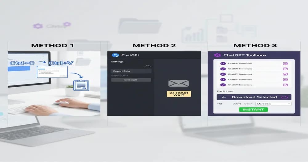 Modern interface showing three methods to save ChatGPT conversations: manual copy-paste, native export dialog, and ChatGPT Toolbox bulk export feature with multiple file format options displayed