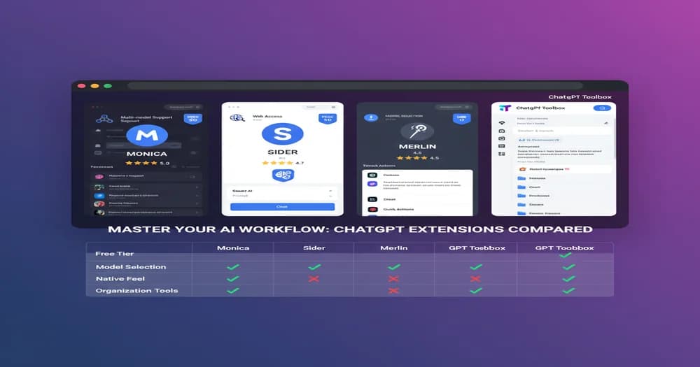 Comparison grid of top ChatGPT sidebar extensions including Monica, Sider, Merlin with feature icons and rating stars showing interface differences