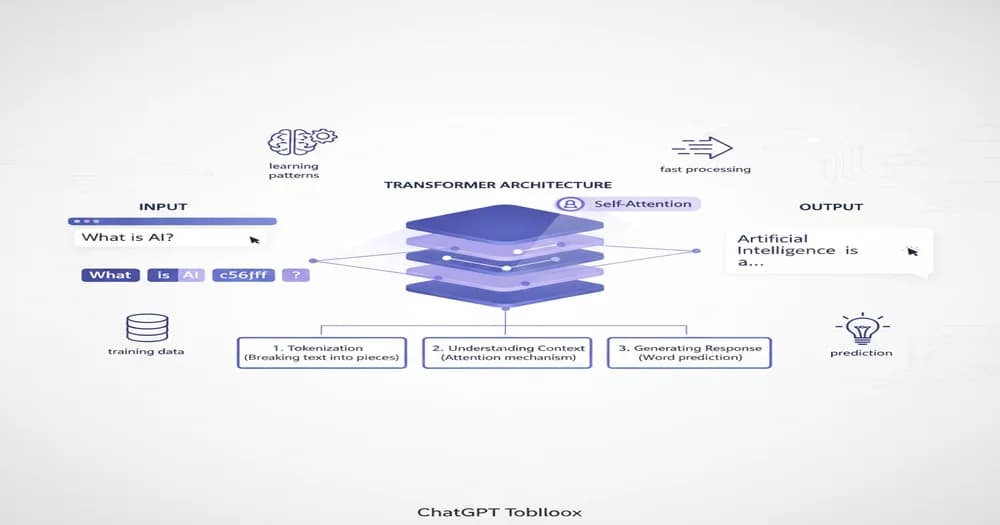 Simplified diagram showing ChatGPT transformer architecture with input text flowing through neural network layers, attention mechanisms, and output generation process with beginner-friendly visual metaphors