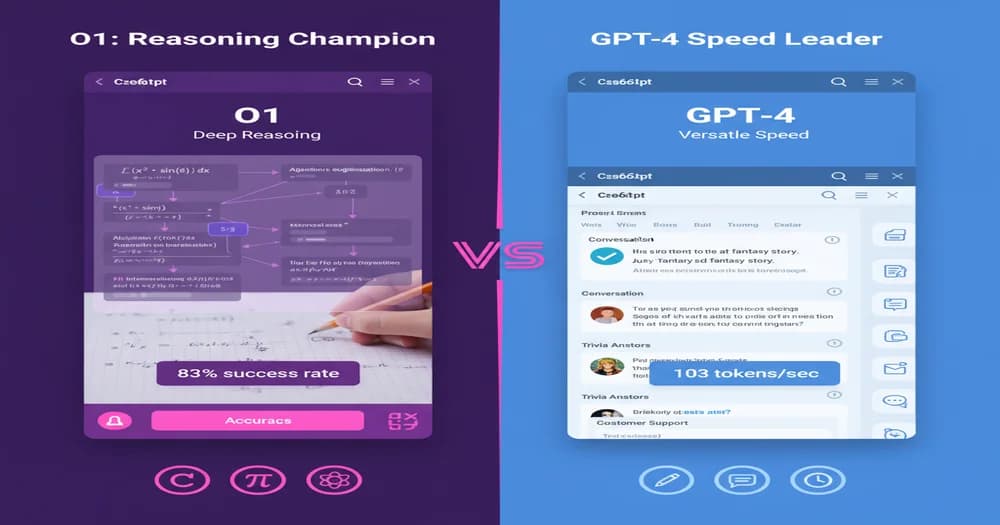 Split-screen comparison showing ChatGPT O1 with chain-of-thought reasoning on left and GPT-4 with fast response on right, featuring performance metrics, feature tables, and brand colors #5e6292 and #c56fff in modern tech-focused design.