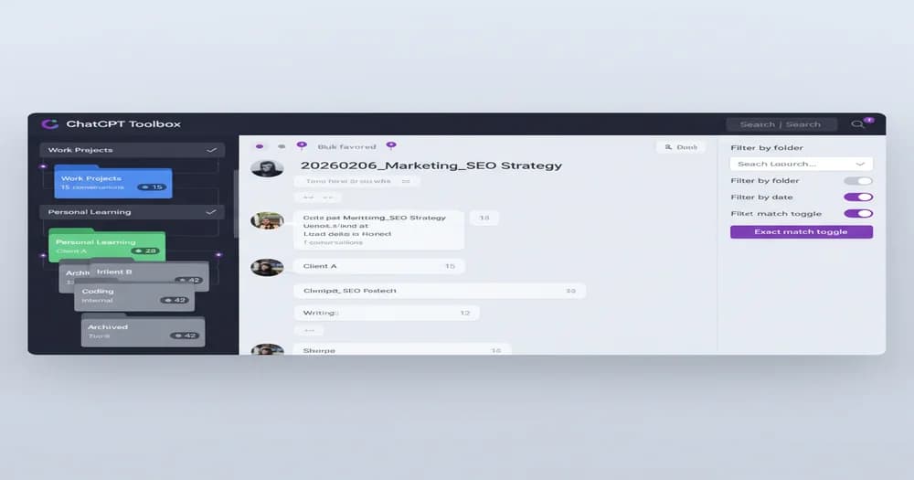 Organized ChatGPT workspace showing hundreds of conversations sorted into folders with clear naming conventions, color-coded categories, and ChatGPT Toolbox folder structure with search and filter options displayed