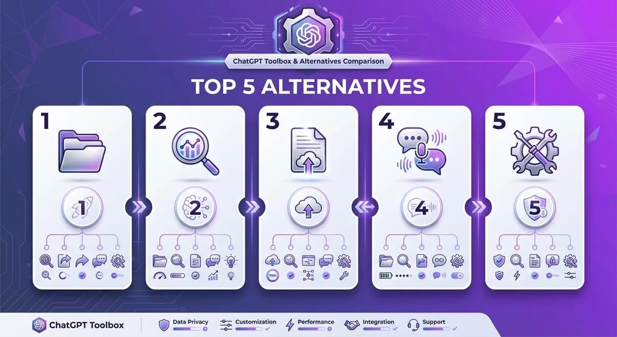 Comparison dashboard showing 5 best Superpower ChatGPT alternatives with feature icons for organization, search, export, and customization