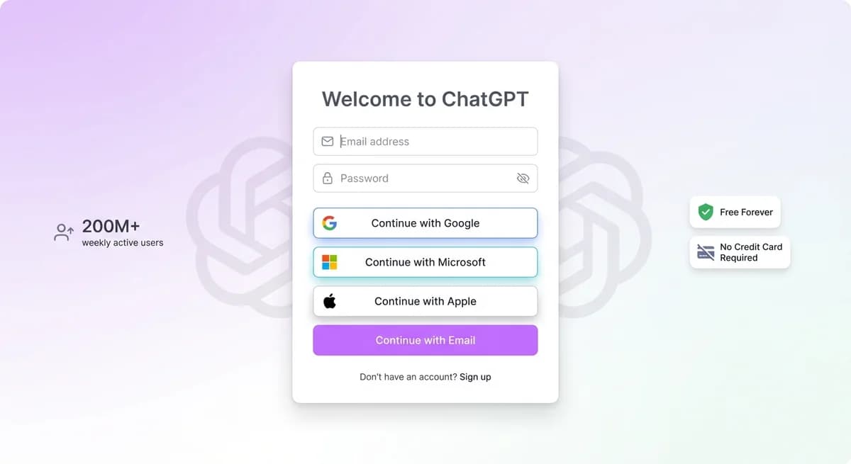 Clean modern ChatGPT login screen showing sign-in options with email, Google, Microsoft, and Apple SSO buttons highlighted