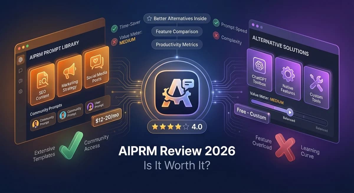 Professional AIPRM review interface showing feature comparison, pricing breakdown, pros and cons, and better alternatives for ChatGPT productivity