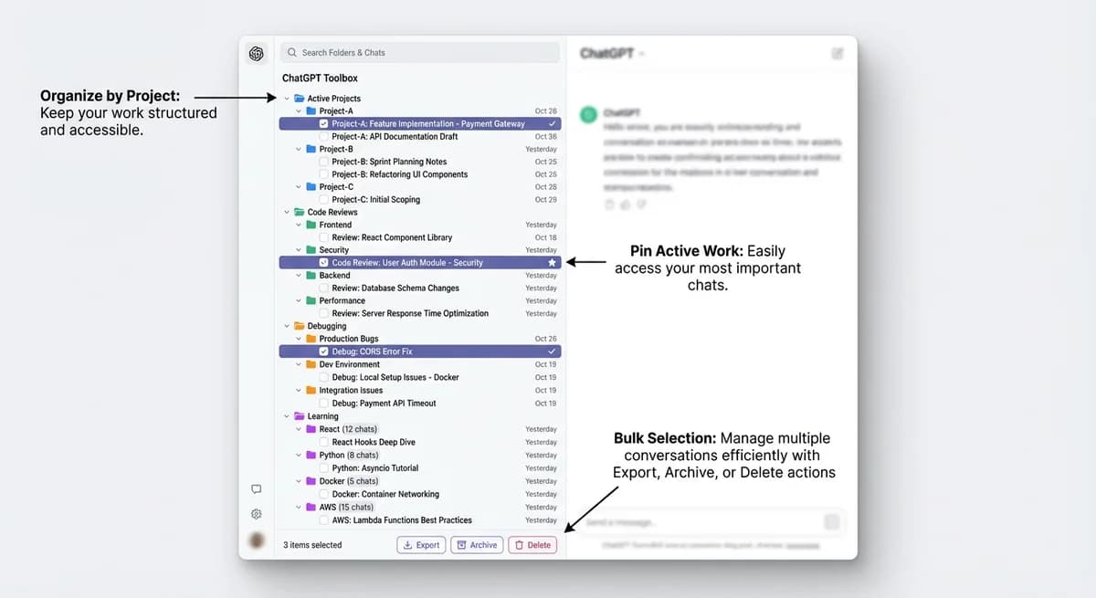 Developer using ChatGPT Toolbox to organize coding projects with folders, search, and export features for programming workflows