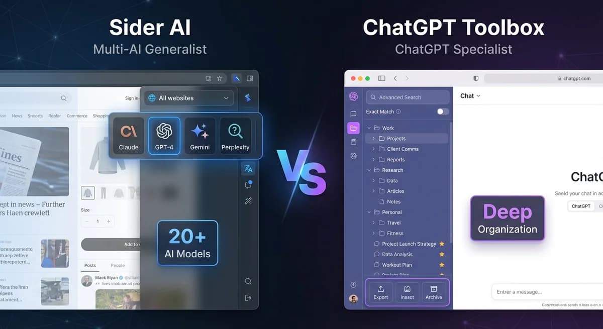 Split-screen comparison showing Sider AI multi-AI sidebar interface on left with Claude, GPT-4, and Gemini icons versus ChatGPT Toolbox specialist organization interface on right with folders, search, and productivity features