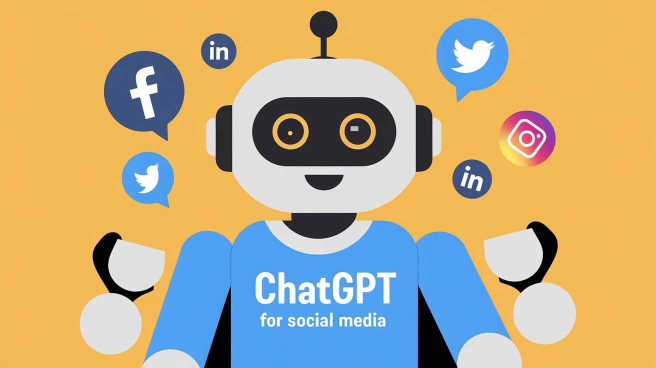 An illustration of a chatbot with the text "ChatGPT for social media". The chatbot has a friendly face and is wearing a blue shirt. There are multiple social media icons floating around the chatbot, including a Facebook, Twitter, Instagram, and LinkedIn logo. The background is a bright yellow color.