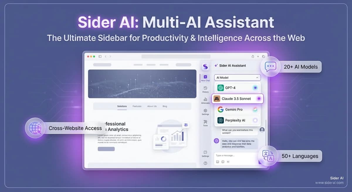 Modern interface showing Sider AI sidebar with GPT-4, Claude, and Gemini AI model icons on a clean purple-blue gradient background