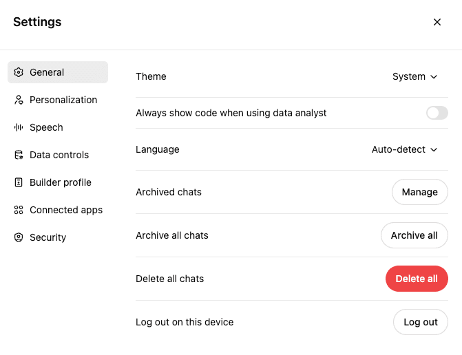 ChatGPT settings menu