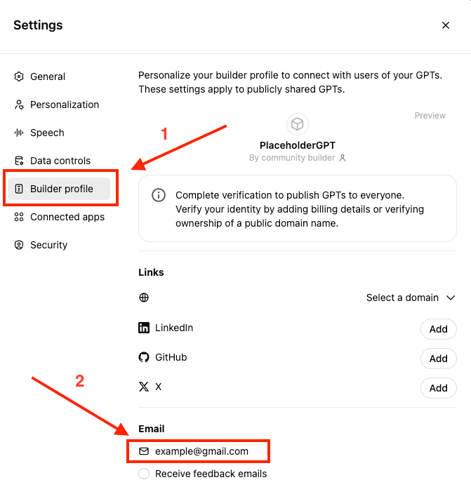 ChatGPT Builder Profile section