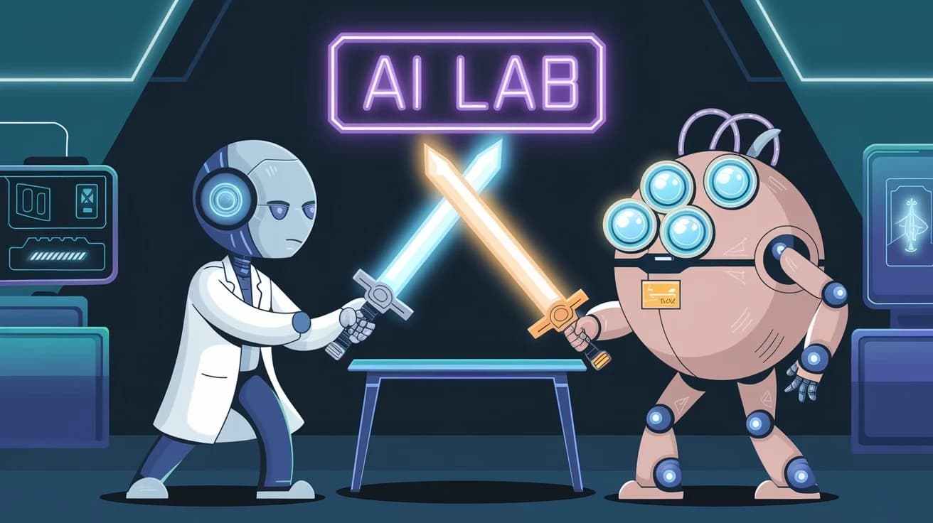 An illustration of a duel between ChatGPT and Grok, two AI characters. ChatGPT is a robot with a human-like face and is wearing a lab coat. Grok is a robot with a round body and multiple eyes. They are standing in a room with a neon sign that says "AI Lab". There is a table between them, and they are each holding a glowing energy sword. The background is dark and has a few futuristic-looking devices.