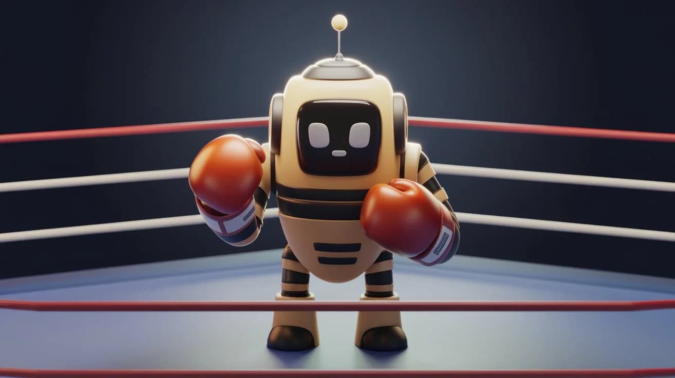 A 3D render of a cartoon AI robot in a boxing ring. The robot has a round body with a square head, and it is wearing boxing gloves. The robot is in a boxing ring with red ropes. The background is dark.