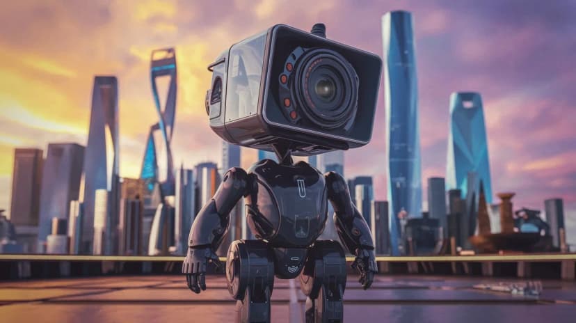 A futuristic scene with a city skyline, including skyscrapers with unique designs. In the foreground, there's a robot with a camera for a head. The robot is standing on a platform. The background contains a bright orange and purple sky.