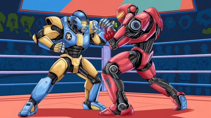 An illustration of two robots fighting in a Tekken-style ring. The robot on the left has a blue and yellow color scheme and is wearing a blue helmet. The robot on the right has a red and black color scheme and is wearing a red helmet. The background contains a crowd of onlookers and a large screen.