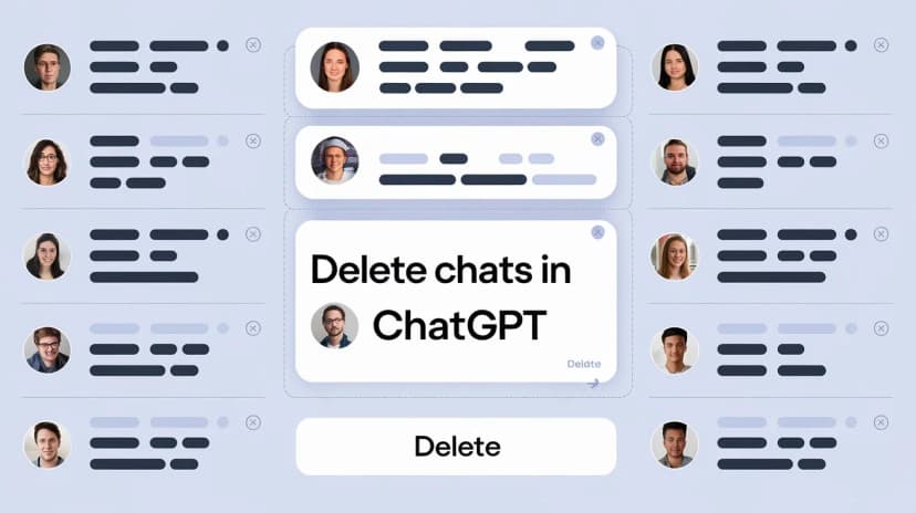 Main image: An image of a chat interface with multiple messages. The most recent message says &quot;Delete chats in ChatGPT.&quot; Below the messages, there is a button that says &quot;Delete.&quot; The background is a light blue color.