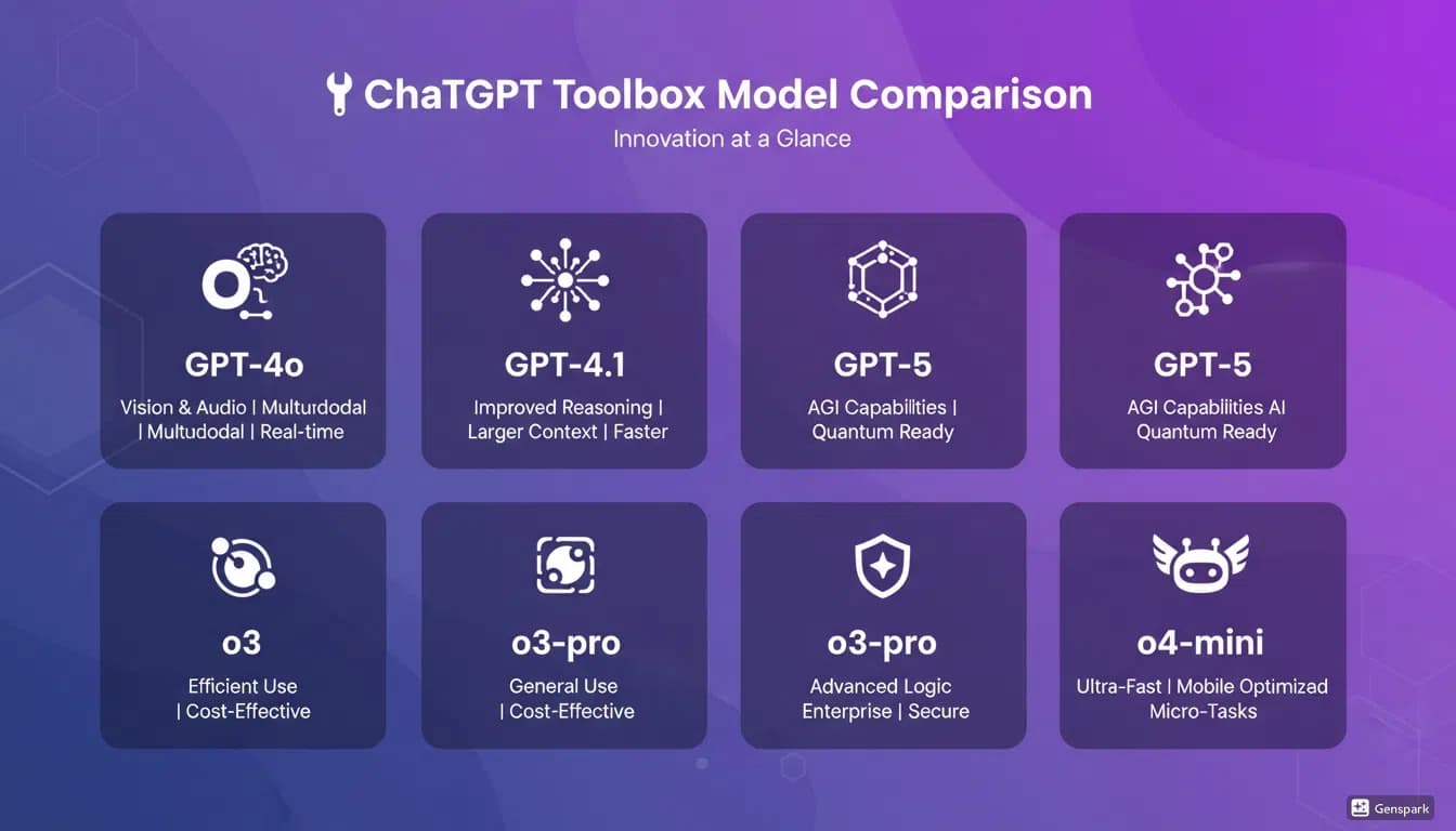Modern, clean comparison chart displaying all ChatGPT models side by side with brand colors #5e6292 and #c56fff, showing GPT-4o, GPT-4.1, GPT-5, o3, o3-pro, and o4-mini models with their key features and specifications in a professional tech-focused design.