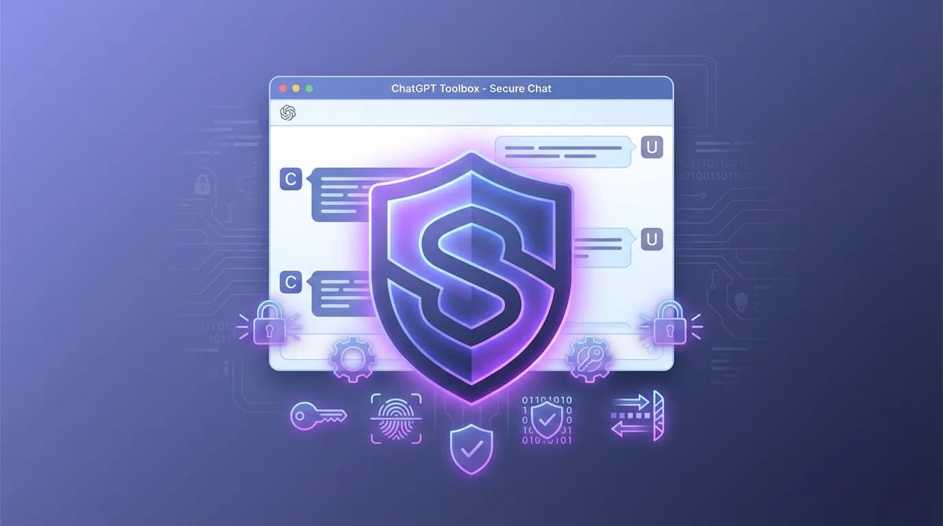 Digital security shield protecting ChatGPT conversation window with encryption symbols, padlocks, and privacy icons in ChatGPT Toolbox brand colors