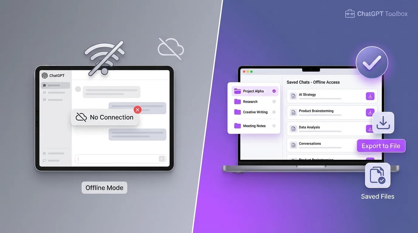 ChatGPT interface with disconnected wifi symbol showing offline status and laptop with saved conversations for offline reading