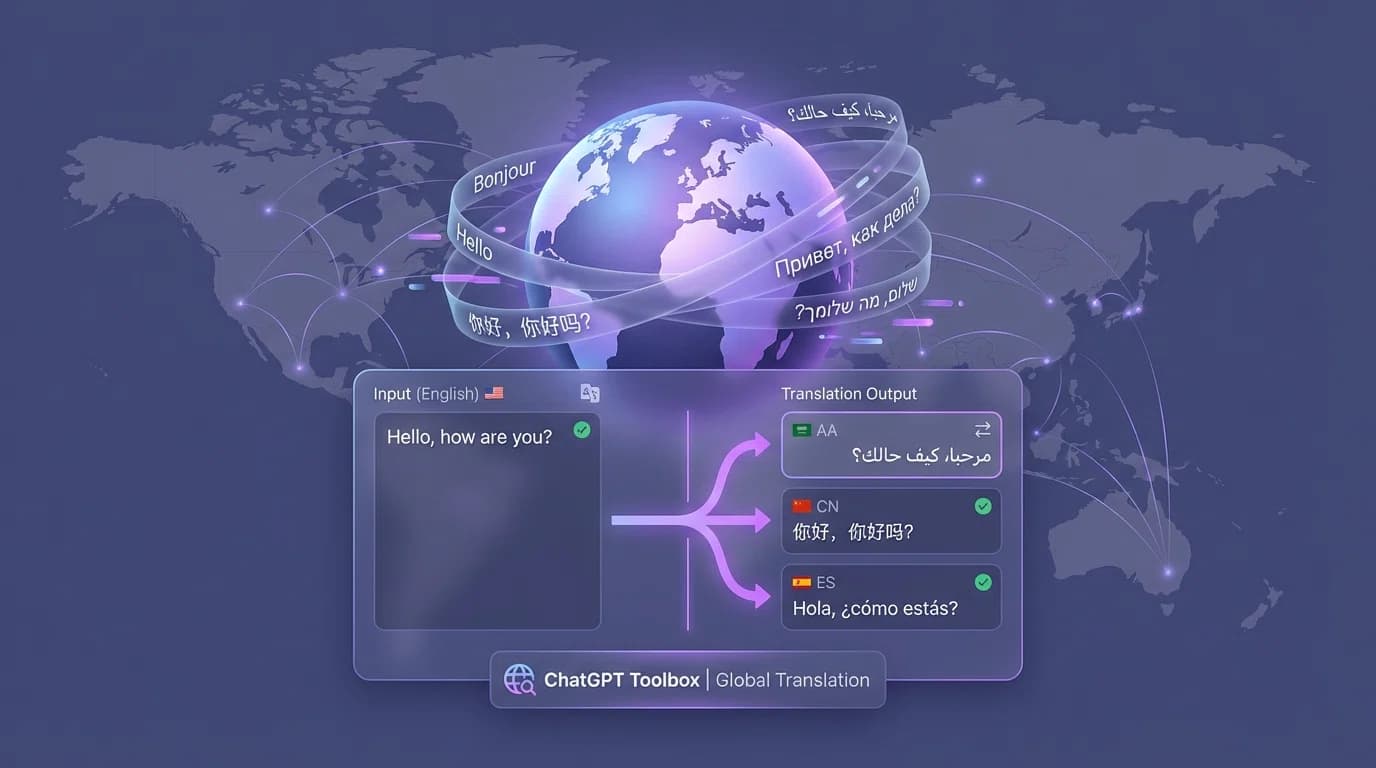 Globe with multiple language flags and ChatGPT interface showing translation between languages with RTL text support