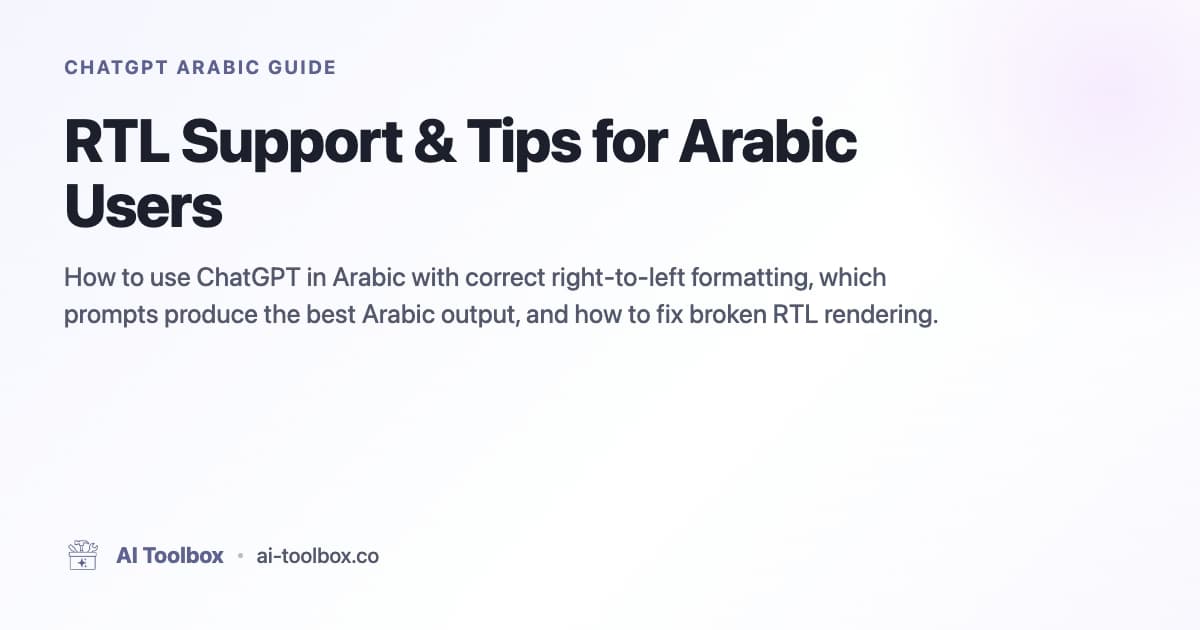 Split-screen comparison showing ChatGPT interface with Arabic text displaying incorrect LTR alignment on left and correct RTL alignment with proper Arabic formatting on right, featuring AI Toolbox RTL support features