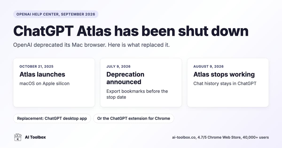 ChatGPT Atlas browser 2026: launched October 2025 on macOS, shut down August 9, 2026, replaced by the ChatGPT desktop app and extension