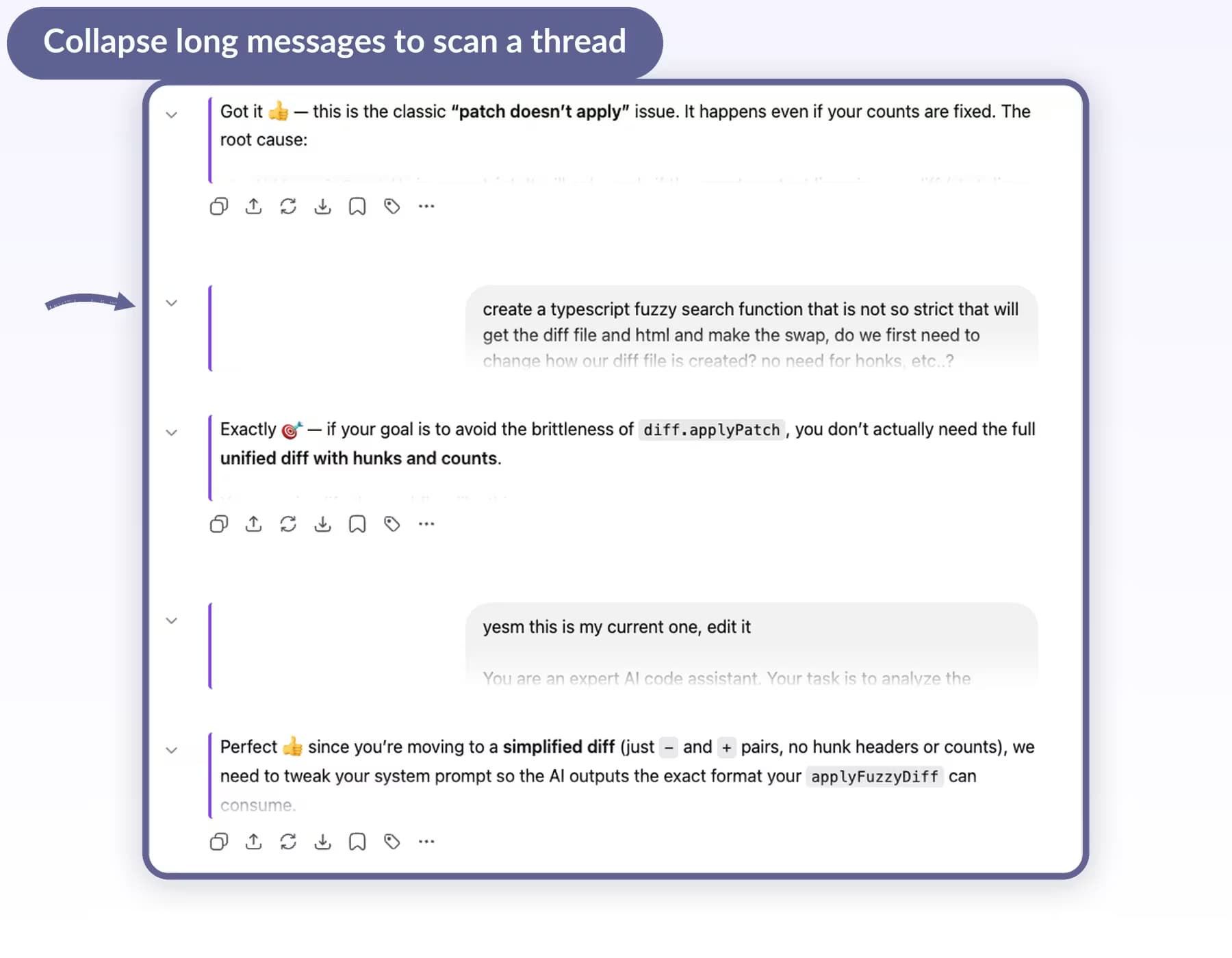 A ChatGPT thread with several long messages collapsed to one-line previews using the AI Toolbox collapse chevron