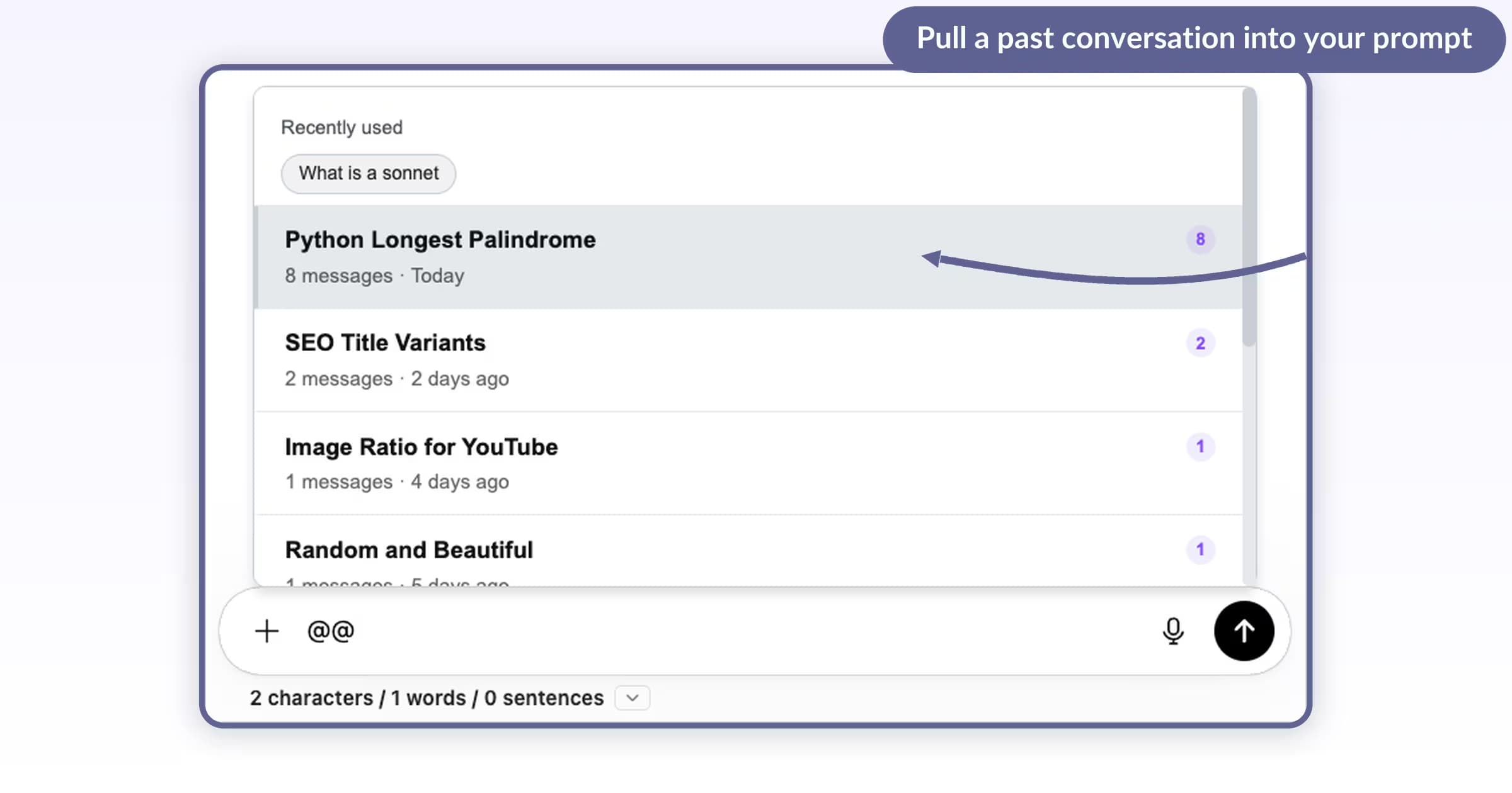 ChatGPT message box with @@ typed and the AI Toolbox Recently used picker listing past conversations to reference as context