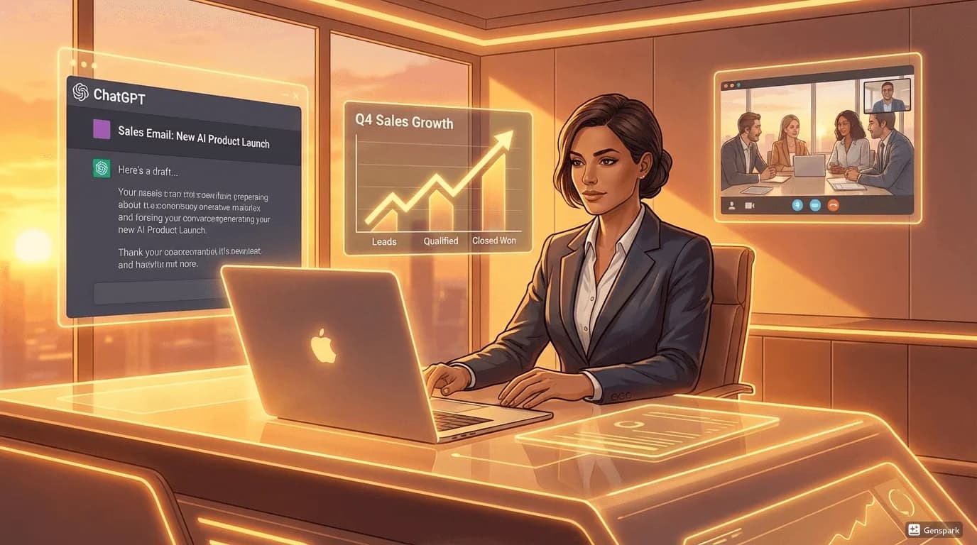 A professional, modern illustration of a sales executive working at a futuristic desk with multiple holographic screens. One screen shows a ChatGPT interface generating a sales email.