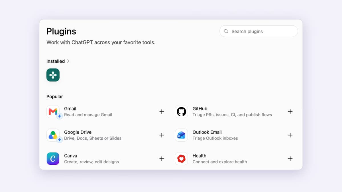 The ChatGPT Plugins directory with Popular plugins such as Gmail, GitHub, Google Drive, Canva and Health